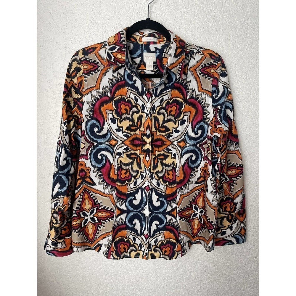 Chico's Womens Button Up Top Size‎ 0 US 4 Ikat Scrolls No Iron Workwear Business